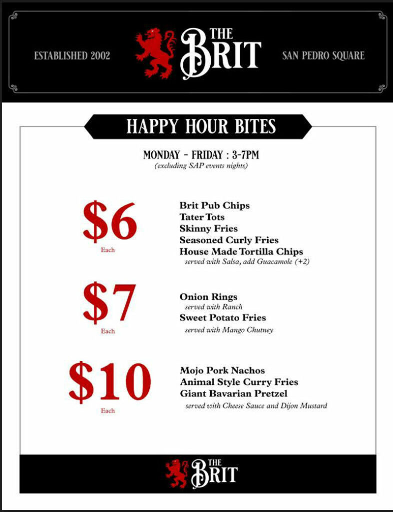 happy hour menu, the brit sports pub