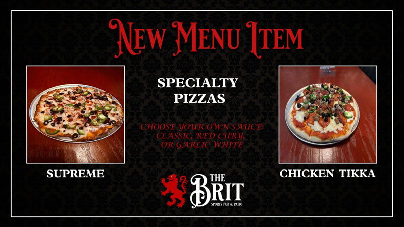 specialty pizzas menu, the brit sports pub