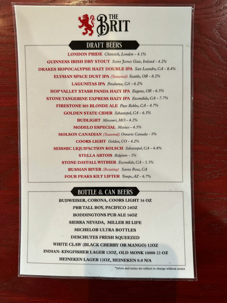 beer menu at the brit sports pub san jose california