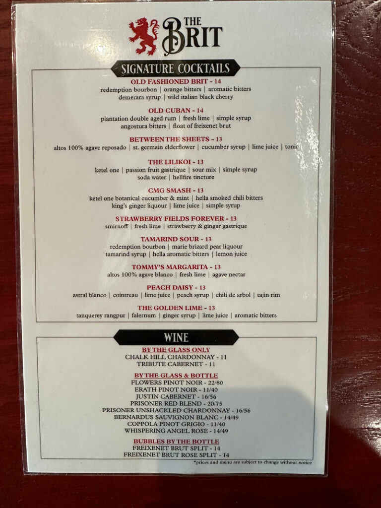 cocktails menu at the brit sports pub san jose