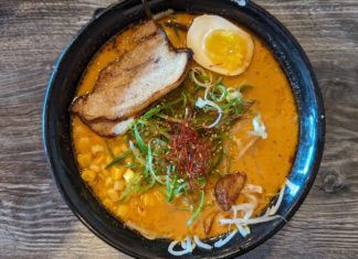 Bowl of ramen seen from overhead