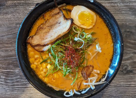 Bowl of ramen seen from overhead