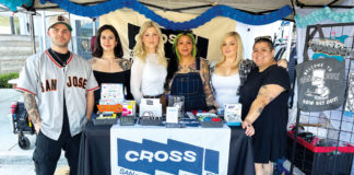 Six people pose in their booth