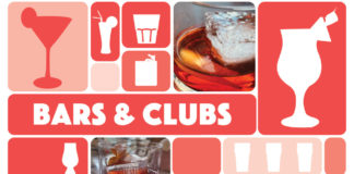 Colored boxes with silhouettes of cocktail glasses plus photos of cocktails