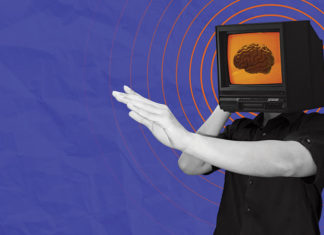 Photo collage of person with a computer monitor on their head