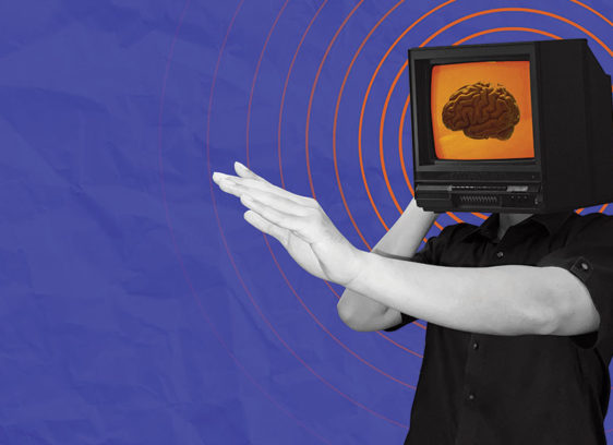 Photo collage of person with a computer monitor on their head