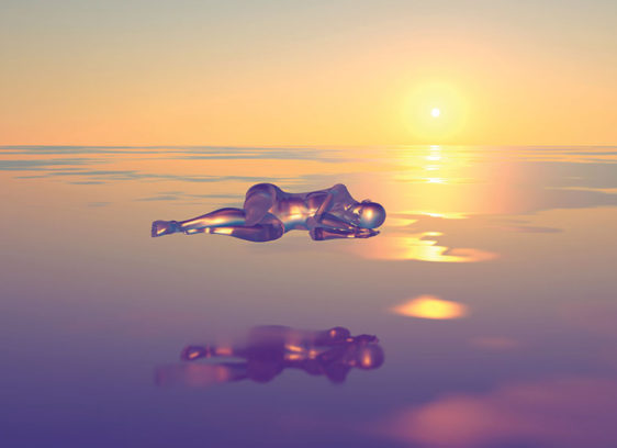 Photo illustration of a sleeping figure floating high in the sky as the sun goes down