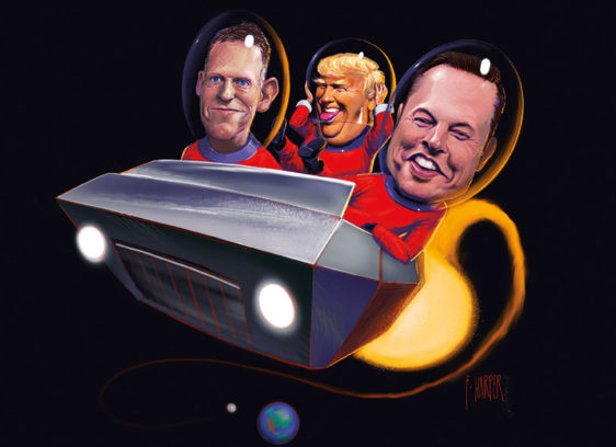 Illustration of three men in a spaceship
