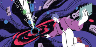 Illustration showing a person floating on a decorative background with a computer