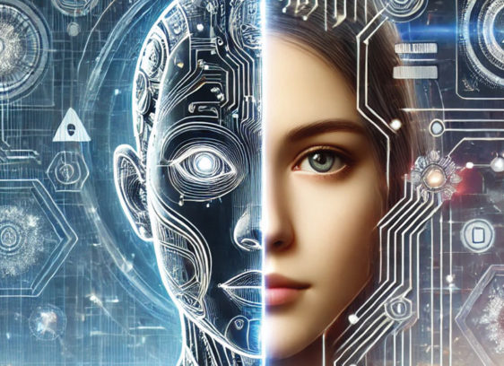 Face with half human side, half computer side