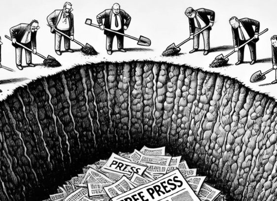 Cartoon of a bunch of men in suits burying a giant newspaper that says "Free Press"