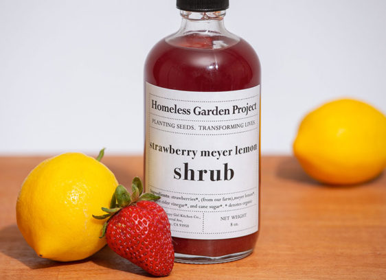 Glass bottle next to two lemons and a strawberry