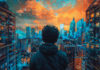 Person seen from the back looking over an imaginary cityscape