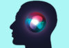 Silhouette of a head with a graphic image that looks like the Siri icon