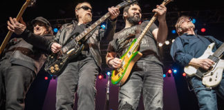 Rock musicians seen from below