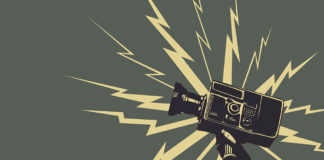Illustration of camera surrounded by lightning bolts