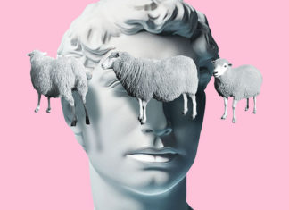 Sheep floating around the head of a Greek statue