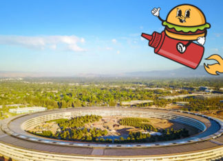 Cartoon burger on a ketchup-shaped rocket flying over Apple HQ