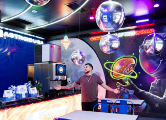Space-themed decoration in fast-food restaurant