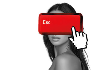 Woman's head behind a red box that says "esc" with a white pointing hand superimposed