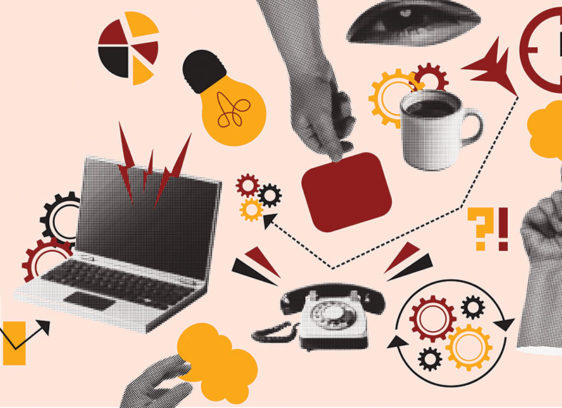 Collage of hands and various other items floating on a pale pinkish background