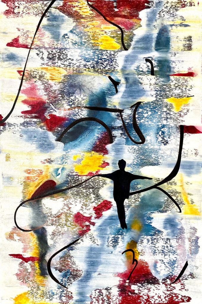 Artwork with abstract forms and the silhouette of a person