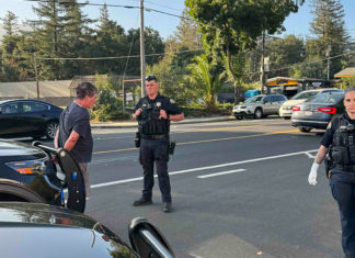Police detaining a man on a suburban street