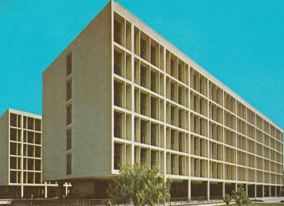 Postcard of a large mid-century modern building
