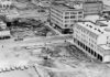 Black-and-white aerial photo of construction area
