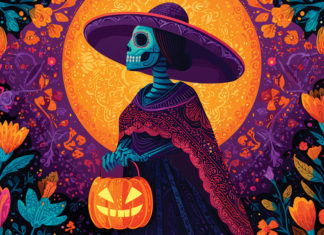Illustration of La Catrina trick-or-treating