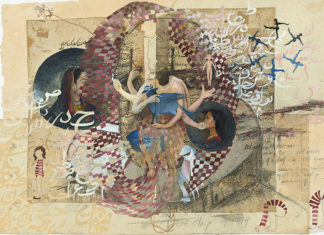 Collage of images that evoke South Asian art forms with more abstract images as well