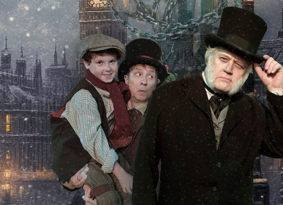 Three people in Victorian clothing against a backdrop that looks like London