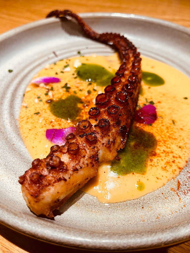 Roasted octopus tentacle on a bed of yellow sauce with drizzled green sauce plus flower petals