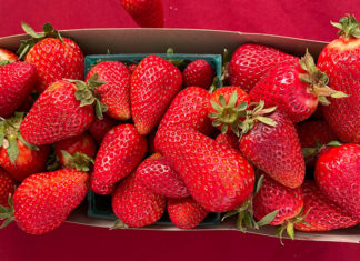 Basket of strawberries on a tablecloth