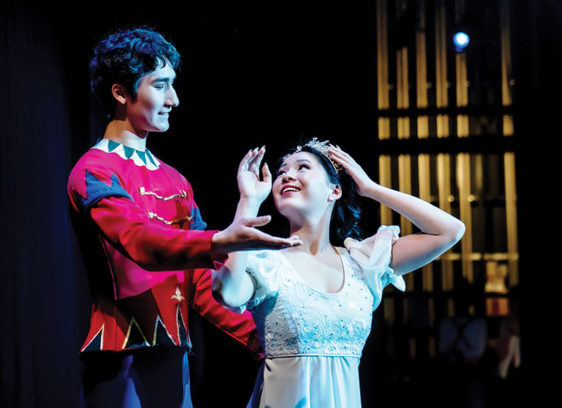 Two ballet dancers in costume on stage