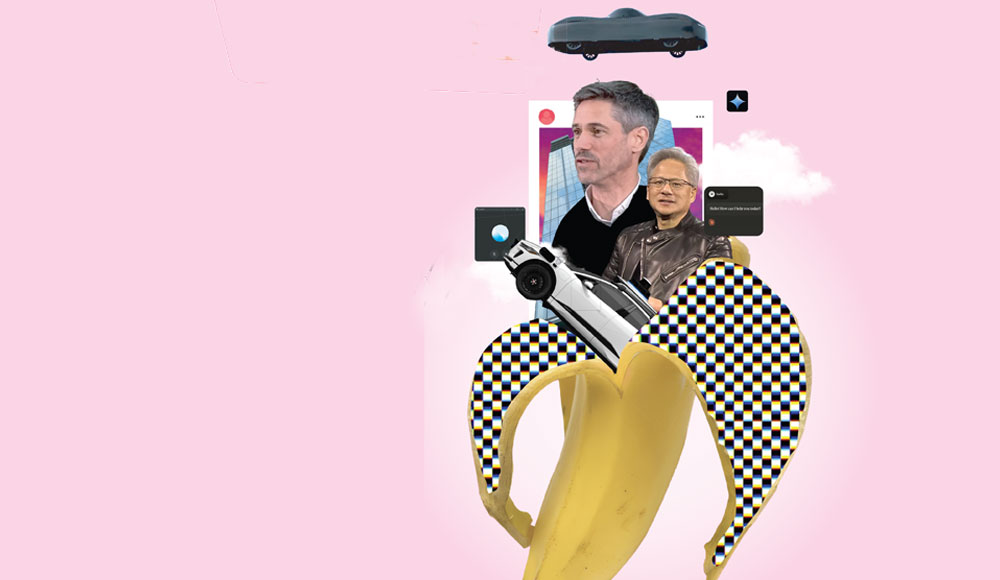 Photo collage with various objects coming out of a banana peel