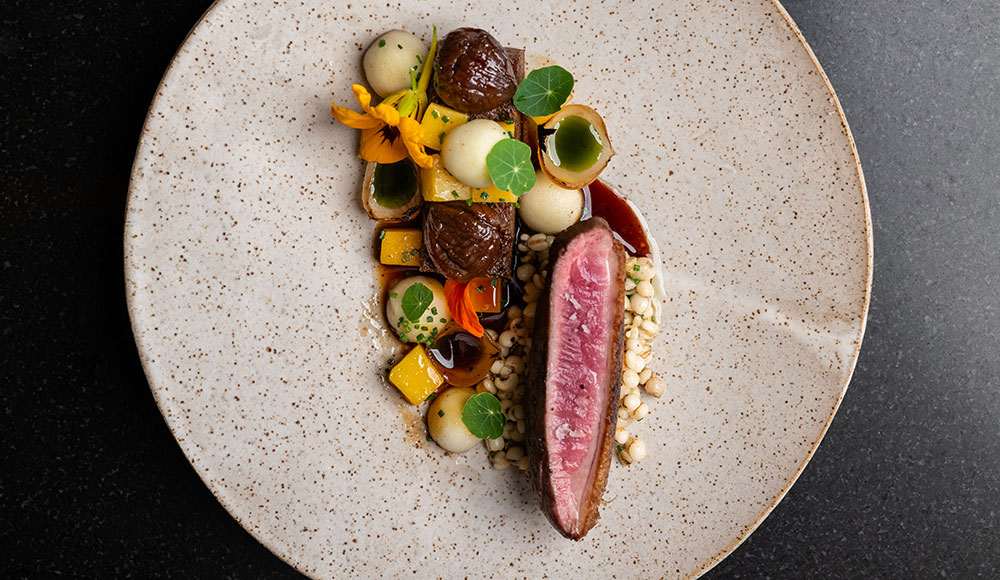 Plate at Cafe Vivant with duck meat and root vegetables, all covered in sauce