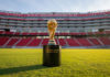 Sports stadium with FIFA World Cup trophy sitting in the middle of the green